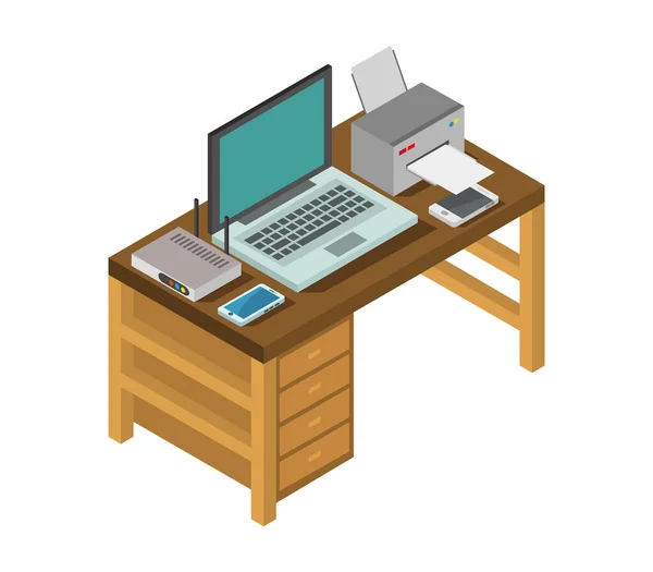 Isometric Office Desk White Background Vector Graphic Illustration — Stock Vector