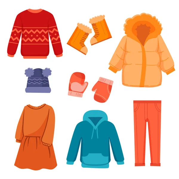 Επίπεδη Σχεδίαση Χειμωνιάτικα Ρούχα Και Βασικά Εικονογράφηση Διάνυσμα — Διανυσματικό Αρχείο