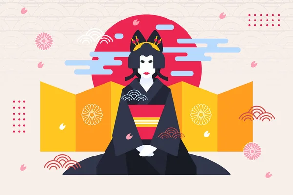 Geisha Kobieta Geometryczne Tło Japoński Styl Wektor Ilustracja — Wektor stockowy