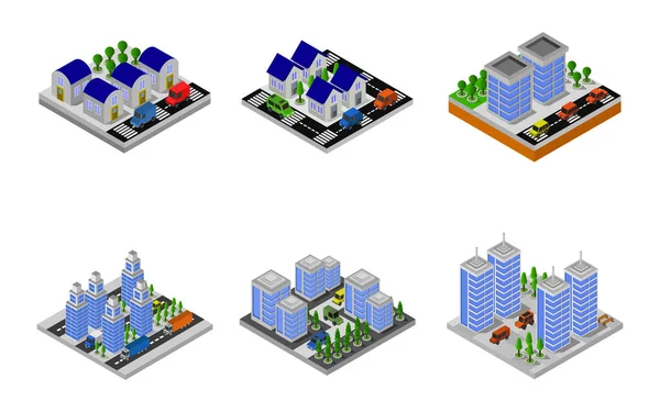 Set Von Isometrischen Städten Auf Weißem Hintergrund Vektor Illustration — Stockvektor