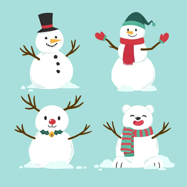 Hand Drawn Snowman Character Collection Vector Illustration — Stock Vector