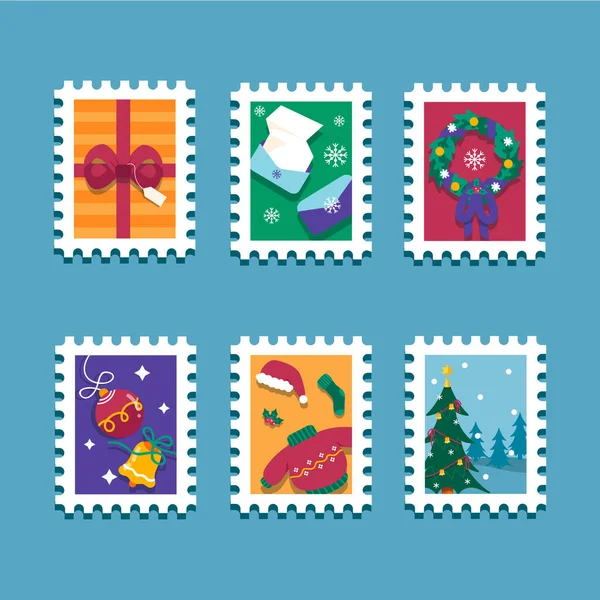 Design Plano Coleção Selos Natal Ilustração Vetorial — Vetor de Stock