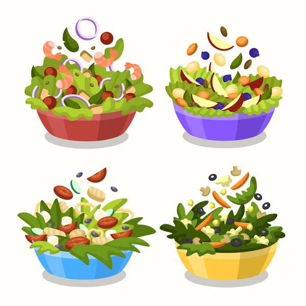 Φρούτα Και Σαλάτες Μπολ Διάνυσμα Εικονογράφηση — Διανυσματικό Αρχείο