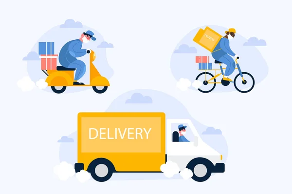 Delivery Services Driving Different Vehicles Wearing Mask Vector Illustration — Stock Vector