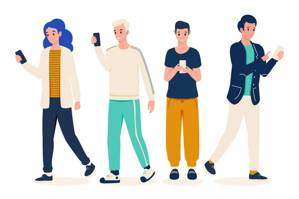 Grupo Jóvenes Usando Smartphones Ilustración Vectorial — Vector de stock
