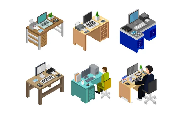 Izometrikus Office Desk Set Vector Illusztráció — Stock Vector
