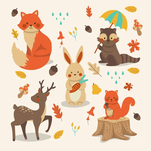 Handgezeichnete Herbst Wald Tiere Sammlung Vector Illustration — Stockvektor