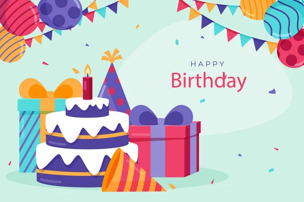 Detaillierte Geburtstagshintergrund Mit Kuchen Vector Illustration — Stockvektor
