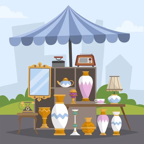 Mercado Antiguidades Ilustrado Com Diferentes Objetos Ilustração Vetorial —  Vetores de Stock