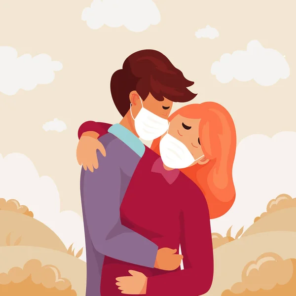 Επίπεδα Ζευγάρια Φιλιά Covid Εικόνα Μάσκα Διάνυσμα Εικονογράφηση — Διανυσματικό Αρχείο