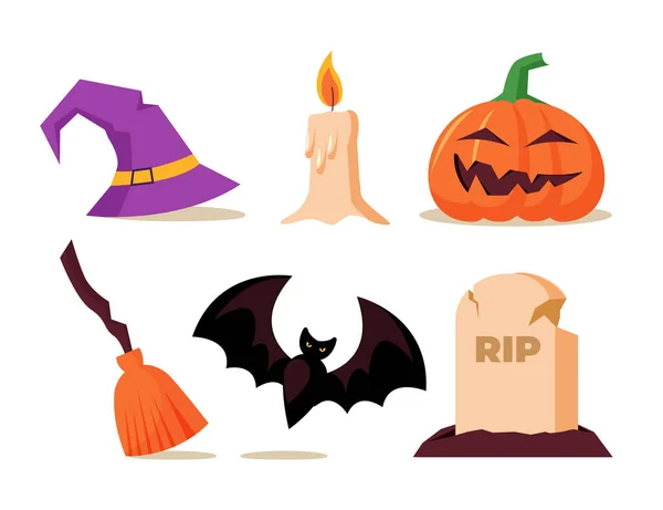 Set Elementi Halloween Piatti Disegnati Mano Illustrazione Vettoriale — Vettoriale Stock