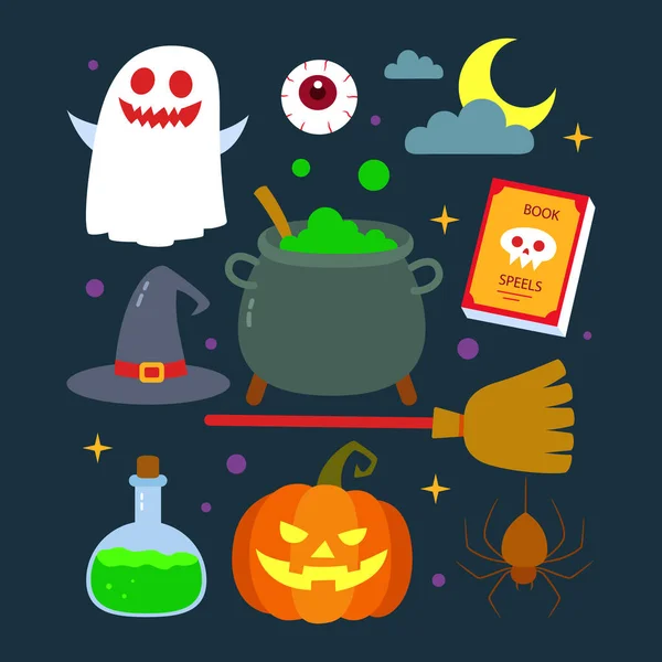 Ensemble Éléments Halloween Plats Dessinés Main Illustration Vectorielle — Image vectorielle