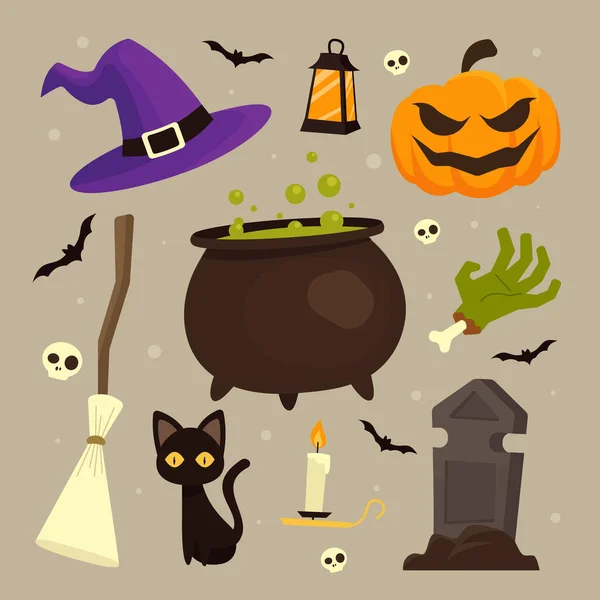 Ručně Kreslené Ploché Halloween Prvky Set Vektorové Ilustrace — Stockový vektor