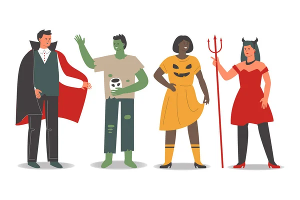 Mensen Griezelige Halloween Kostuums Vector Illustratie — Stockvector