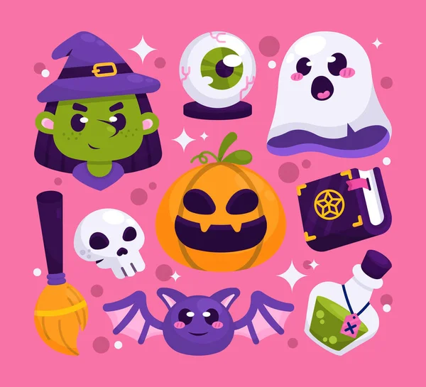 Set Elementi Halloween Piatti Illustrazione Vettoriale — Vettoriale Stock