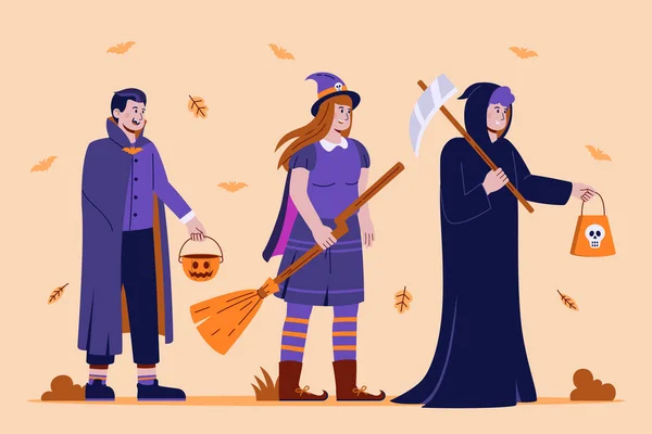 Illustrazione Vettoriale Personaggi Halloween Piatti Disegnati Mano — Vettoriale Stock