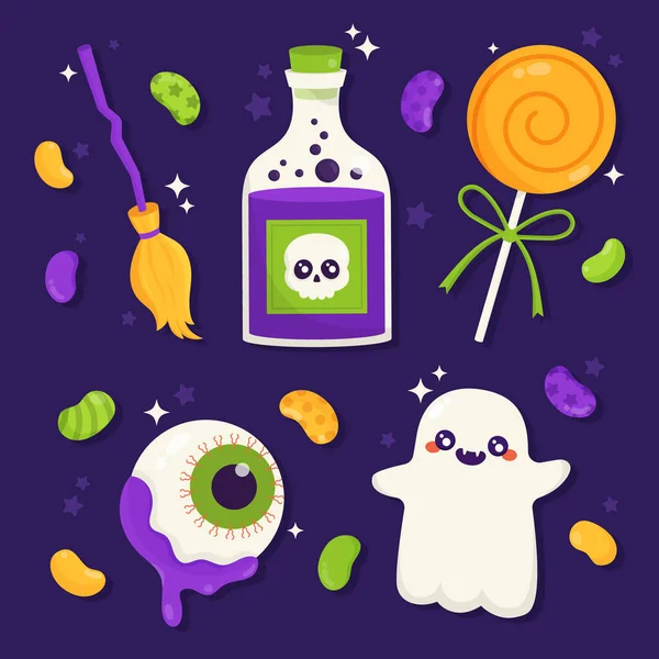Set Elementi Halloween Piatti Disegnati Mano Illustrazione Vettoriale — Vettoriale Stock