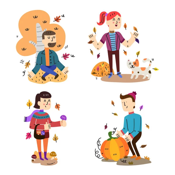 Ručně Kreslené Ploché Lidi Podzim Vektorové Ilustrace — Stockový vektor