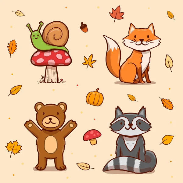 Handgezeichnete Herbsttiere Setzen Vektor Illustration — Stockvektor