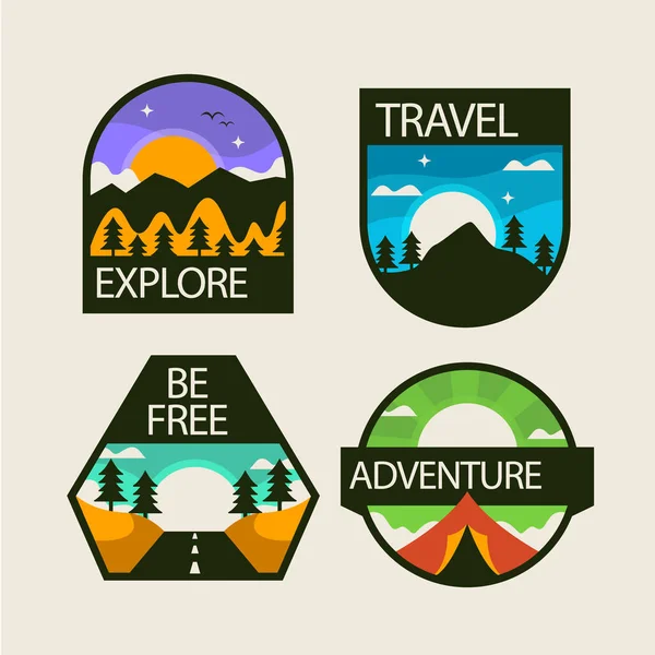 Badges Aventure Plats Colorés Illustration Vectorielle — Image vectorielle