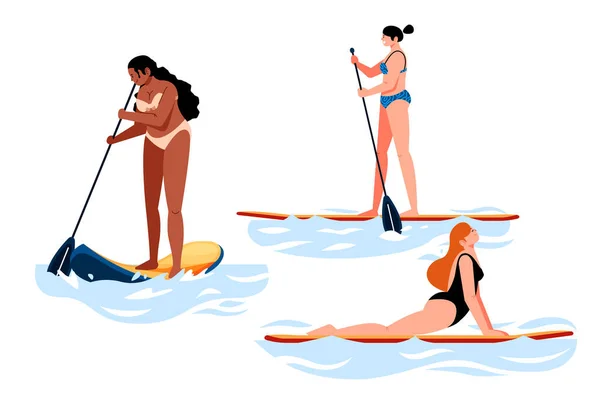 Group People Standing Sup Boards Vector Illustration — Stock Vector
