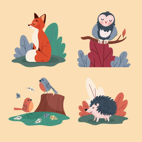 Ručně Kreslené Podzimní Zvířata Set Vektorové Ilustrace — Stockový vektor