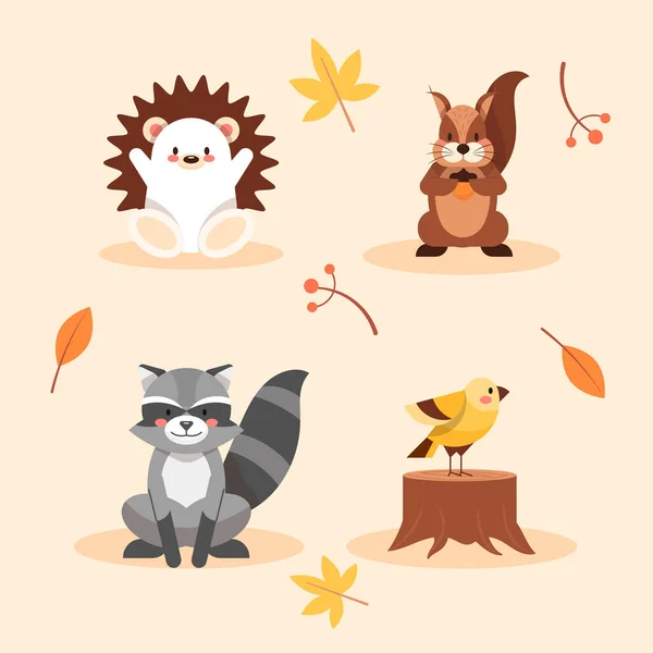 Collection Animaux Automne Plat Illustration Vectorielle — Image vectorielle