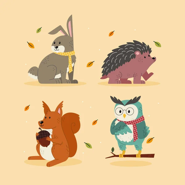 Autumn Animals Collection Vector Illustration — Stock Vector