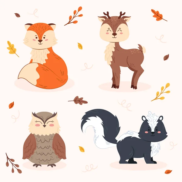 Handgezeichnete Herbst Tiere Sammlung Vektor Illustration — Stockvektor