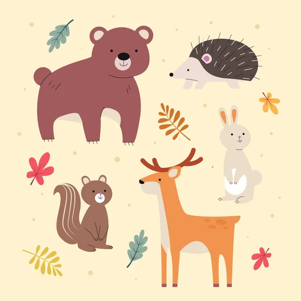 Плоские Осенние Животные Векторная Иллюстрация — стоковый вектор