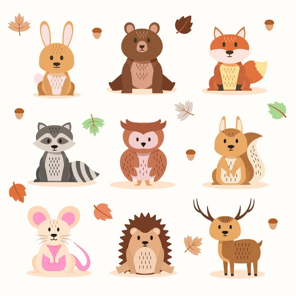 Ploché Podzimní Zvířata Set Vektorové Ilustrace — Stockový vektor