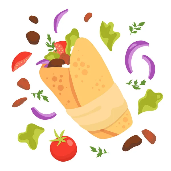 Dibujado Mano Deliciosa Ilustración Shawarma Vector Ilustración — Vector de stock