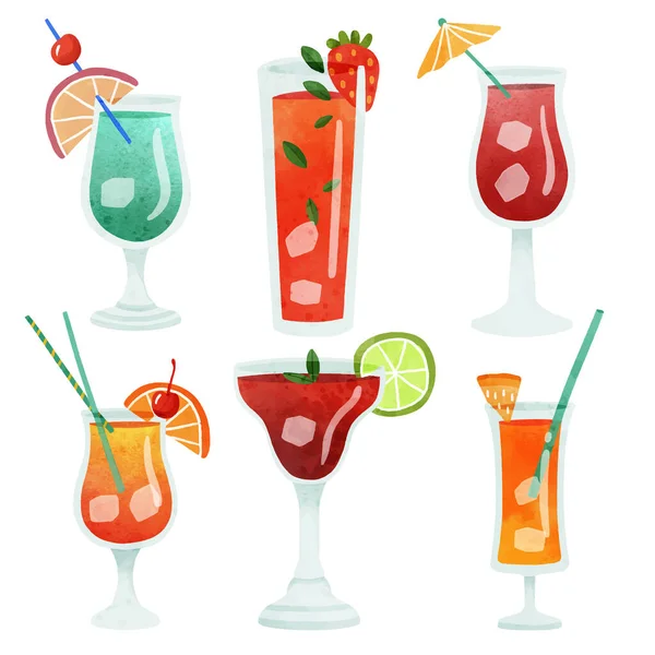 Bunte Cocktailgetränke Mit Verschieden Geformten Gläsern Illustrationsset Vector Illustration — Stockvektor