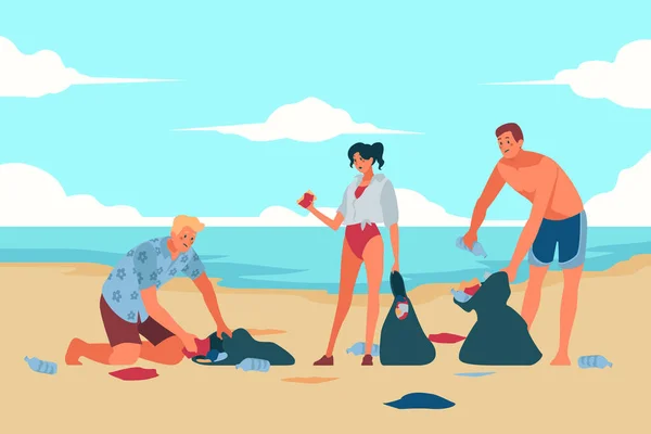 Люди Прибирають Пляж Ілюстровані Векторні Ілюстрації — стоковий вектор