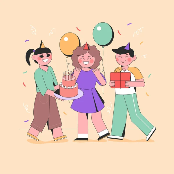 Geïllustreerde Mensen Vieren Feest Een Verjaardagsfeest Vector Illustratie — Stockvector