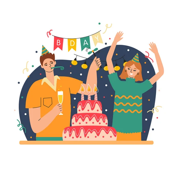 Personas Ilustradas Celebrando Una Fiesta Cumpleaños Ilustración Vectorial — Archivo Imágenes Vectoriales