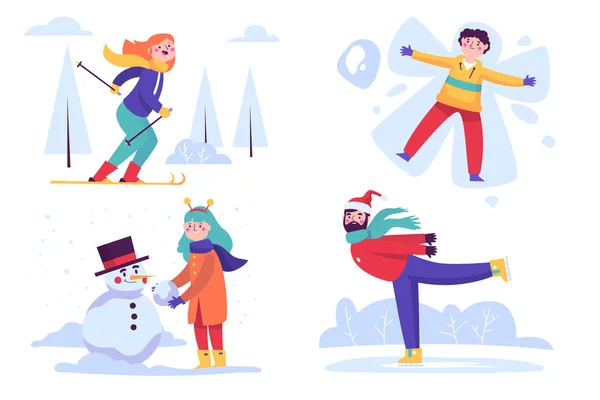 People Doing Outdoor Winter Activities Vector Illustration — Stock Vector