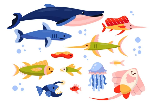 Hand Drawn Flat Design Sea Animals Set Vector Illustration — Stock Vector