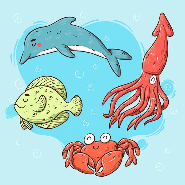 Hand Drawn Sea Animals Set Vector Illustration — Vector de stock