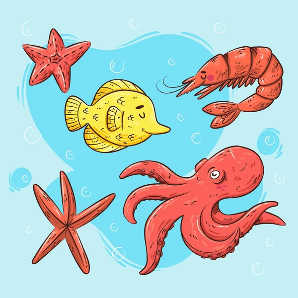 Hand Drawn Sea Animals Set Vector Illustration — Image vectorielle