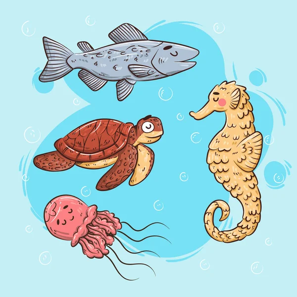 Hand Drawn Sea Animals Set Vector Illustration — Stock vektor