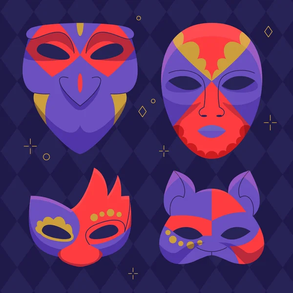 Máscaras Carnaval Veneza Plana Conjunto Ilustração Vetorial — Vetor de Stock