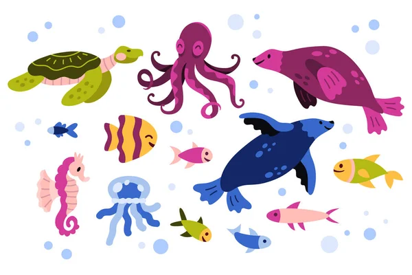 手工绘制平面设计的海生动物集矢量图解 — 图库矢量图片