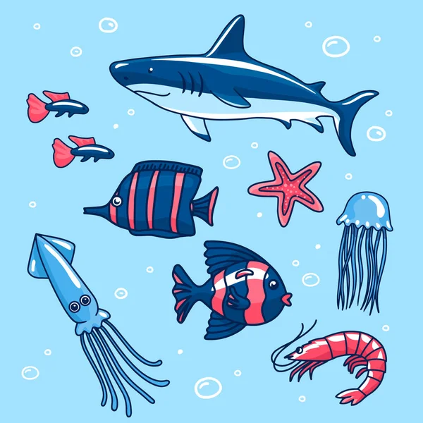 Hand Drawn Flat Design Sea Animals Set Vector Illustration — Διανυσματικό Αρχείο
