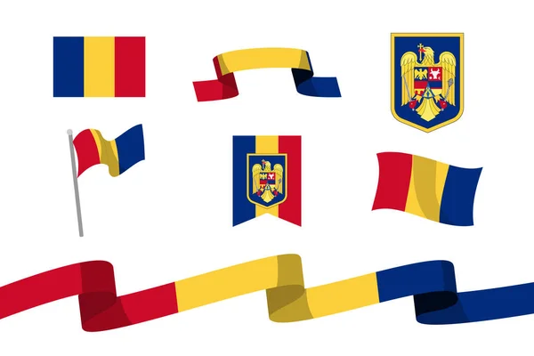 Hand Drawn Romanian Flag National Emblems Set Vector Illustration — Stockvector