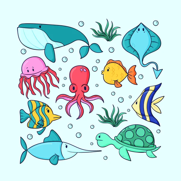 Hand Drawn Sea Animals Set Vector Illustration — Stock Vector