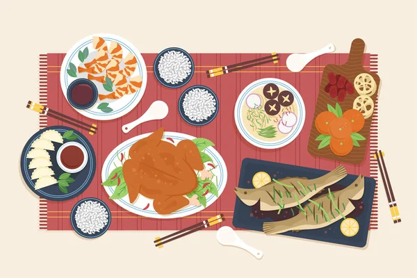 Düz Çin Yeni Yıl Birleşme Yemeği Vektör Illüstrasyonu — Stok Vektör