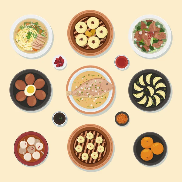 Flaches Chinesisches Neujahrstreffen Abendessen Essen Set Vector Illustration — Stockvektor