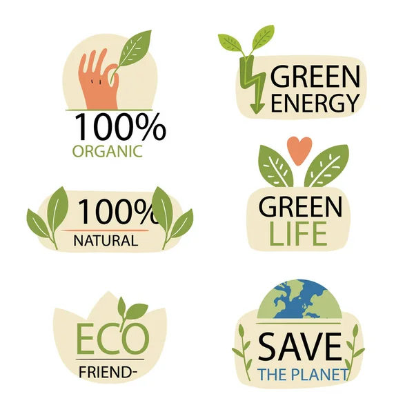 Ręcznie Rysowane Płaskie Odznaki Ekologiczne Projekt Wektor Ilustracji — Wektor stockowy