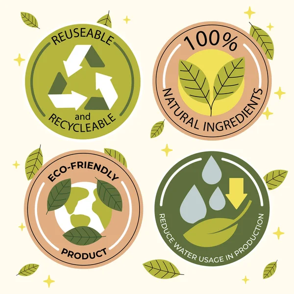 Badges Écologie Design Plat Dessinés Main Illustration Vectorielle — Image vectorielle